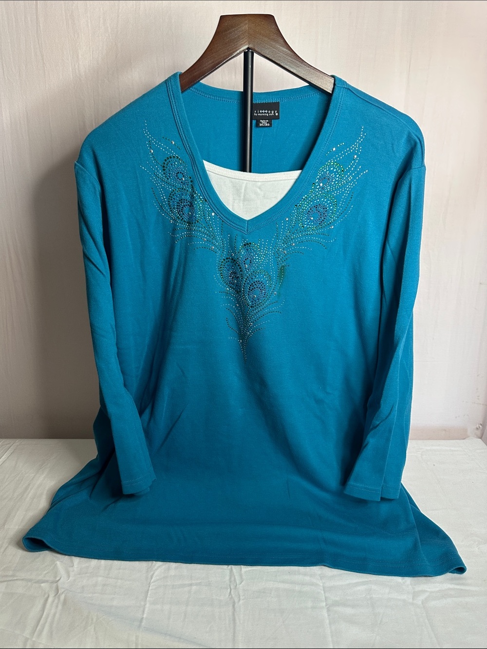 Sag Harbor Teal V-Neck Long Sleeve Top with Embellished Neckline